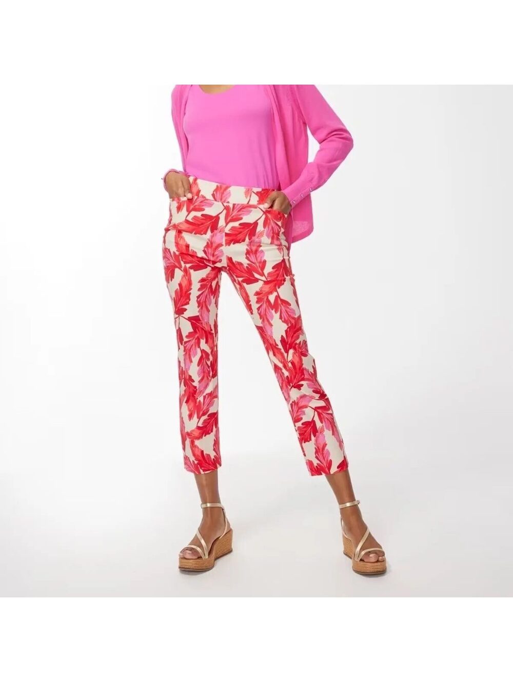 Chico's Brigitte Feather Print Stretch Crop Pants Pull On Trousers Size 2.5R 14